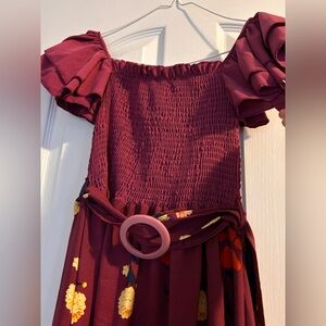 Girls' Burgundy Smocked Dress with Floral Accents